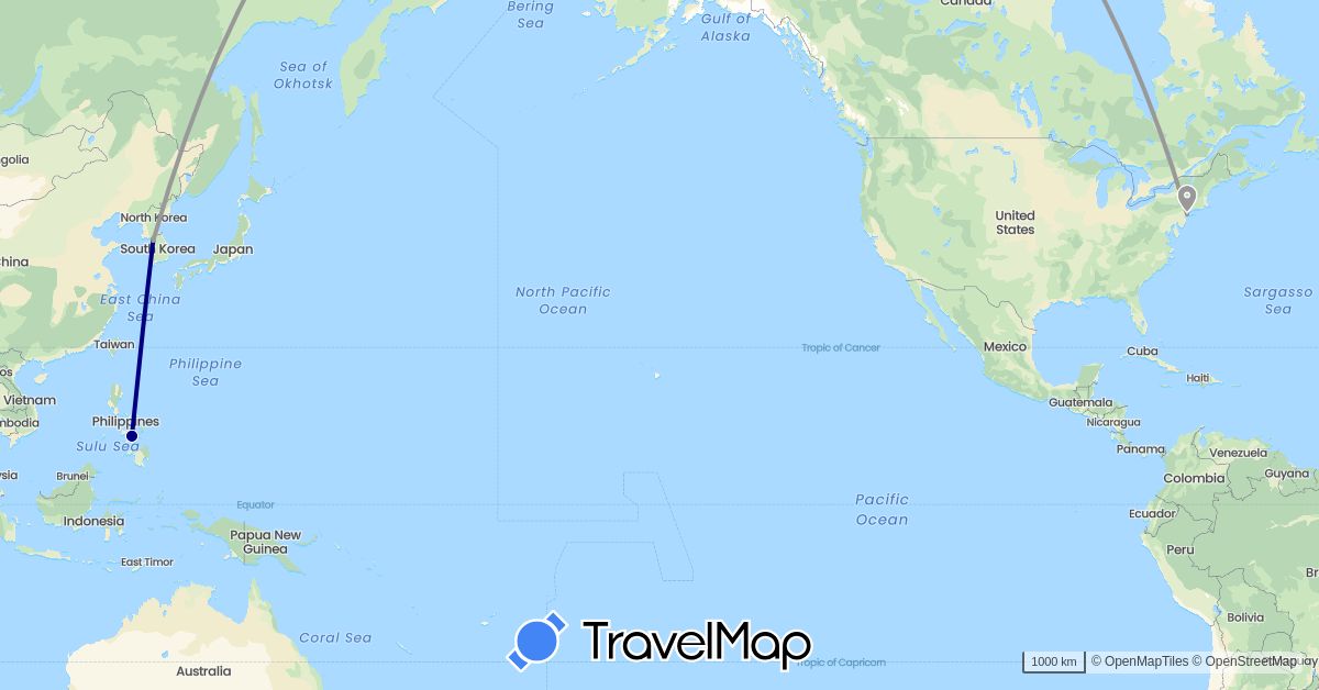 TravelMap itinerary: driving, plane in South Korea, Philippines, United States (Asia, North America)